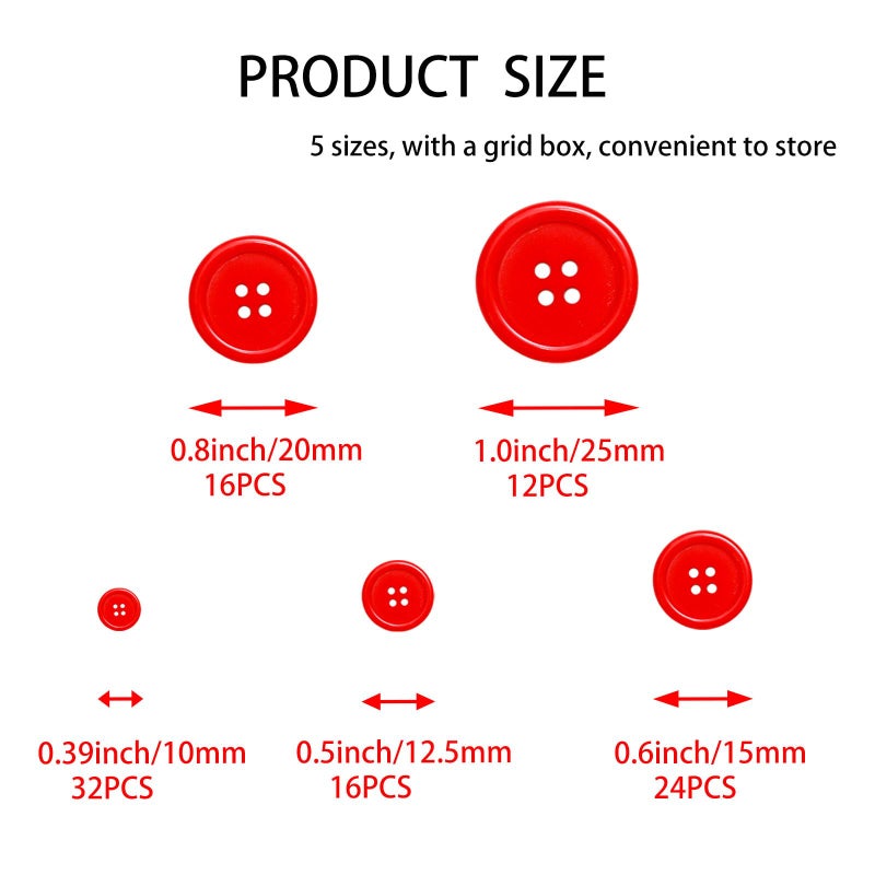 Lilaly 100 pcs Buttons for Crafts Buttons, Button DIY Buttons, Mixed Sewing Buttons, 5 Sizes of Black Round Mixed Buttons Suitable for for Crafts, Coats, Shirts, Pants, Shorts and More (Red) - Image 2
